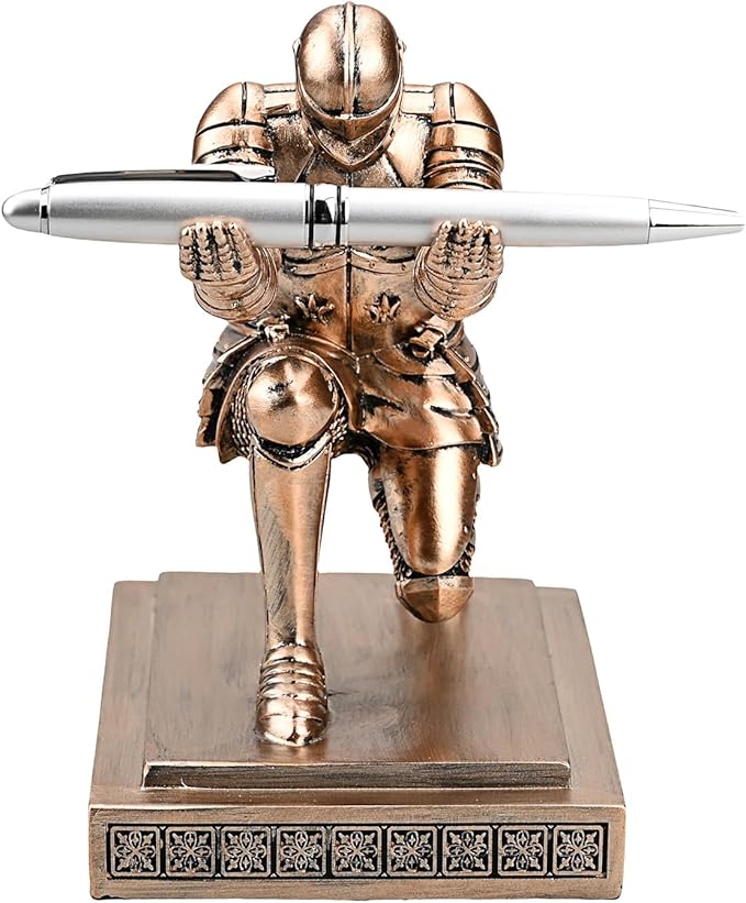 Knight Pen Holder Pen Stand Desk Organizers and Accessories Resin Pencil Holder as Gift with a Fancy Pen for Office and Home Desk Organizer (Bronze)