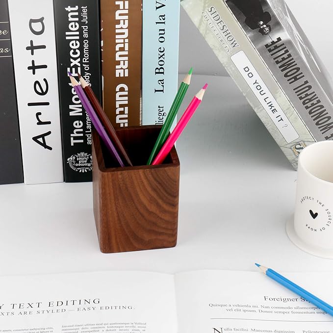 Walnut Pencil Holder Wood Pen Holder For Desk Pen Cup Organizer Ofiice Pencil Stand Simple(Black walnut)