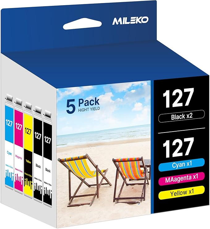 MILEKO 127XL Ink Cartridge Remanufactured Replacement for Epson 127 XL Ink Cartridges T127 Ink for Workforce 60 545 845 645WF-3540 WF-3530 WF-3520 WF-7010 WF-7510 Stylus NX530 NX625 Printer (5 Pack)