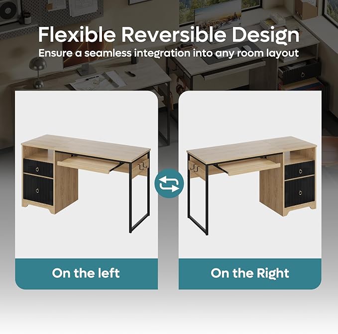 Bestier 55 Inch Computer Desk with Keyboard Tray, Modern Office Desk with Storage, Wood Writing Desk with File Drawer, Fluted Panel & 2 Hooks for Home Office & Studio, Natural Oak