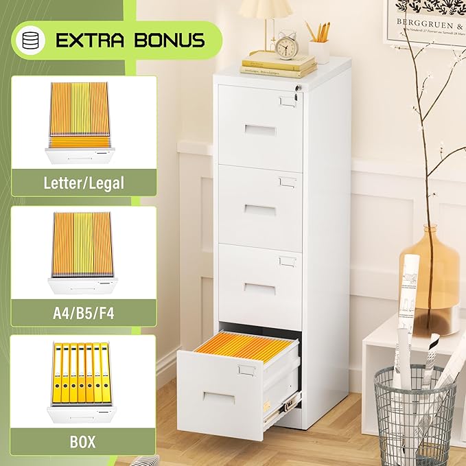 Crownland Lateral File Cabinet with 4 Drawers, 15" W Metal Lockable Office File Cabinets for Home Office- Stores Letter/Legal/A4/F4 Files(White)