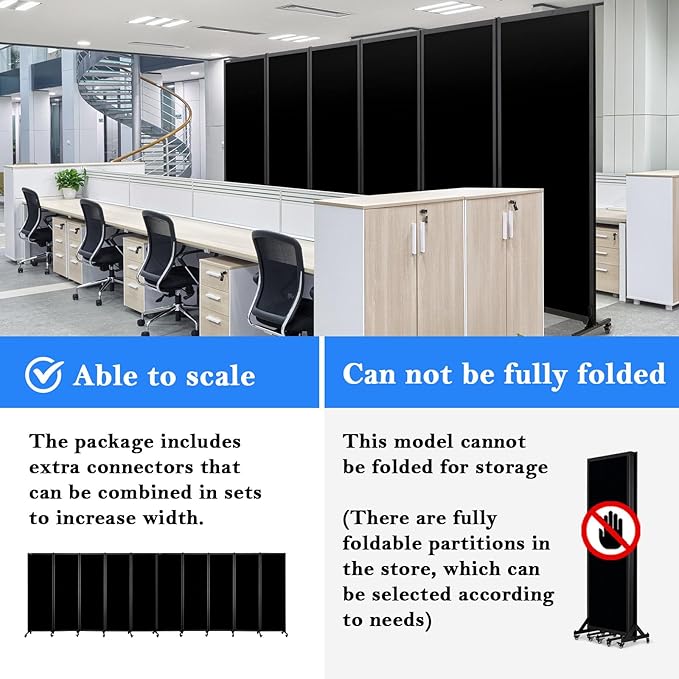 Upgrade Version Room Partition and Divider, Freestanding Rolling Dividers with Wheels,Office Privacy Screen Divider Wall,Classroom Felt Dividers,8'2"L* 6'7"H,4 Panel，Black