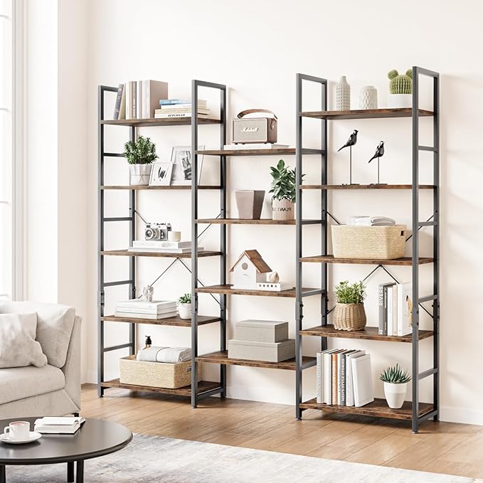 OTK Triple Wide 5 Tier Bookshelf, Rustic Industrial Style Bookcases with 14 Open Display Shelves, Wide Bookshelves for Bedroom, Living Room and Home Office, Rustic Brown