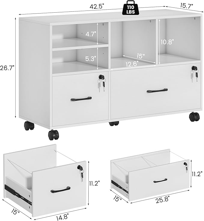 2 Drawer Wood Mobile Large Lateral File Cabinet with Lock, Lockable Rolling Filing Cabinet with Storage Shelves, Printer Stand Office Storage for Home Office Fits Files Legal/A4,White