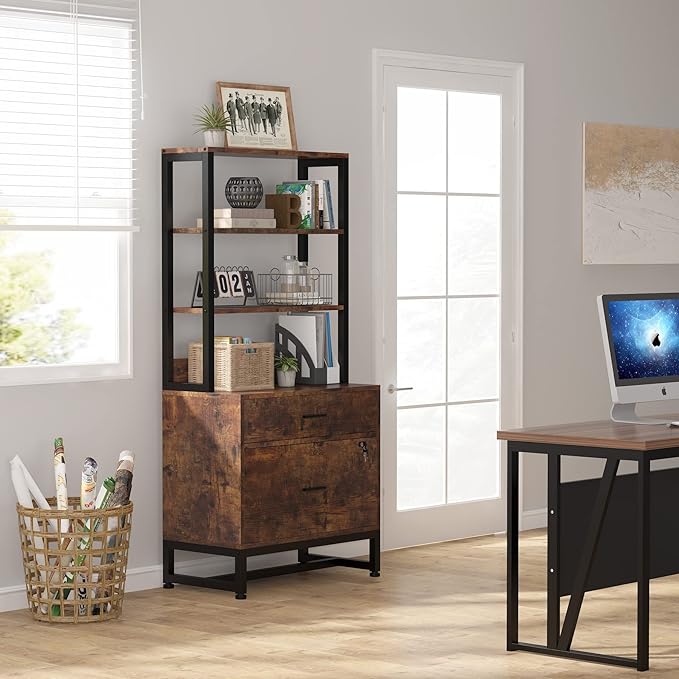 Tribesigns 2 Drawer Vertical File Cabinet with Lock & Bookshelf, Letter Size Large Modern Filing Cabinet Printer Stand with Open Storage Shelves for Home Office, Dark Brown