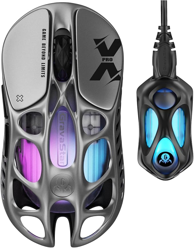 GravaStar Mercury X Pro Wireless Gaming Mouse, Come with 8K Dongle – 32,000 DPI PAW 3950 Sensor, 8,000Hz Polling Rate, Only 49g, Magnesium Alloy Hollow Frame, RGB Lighting, 5 Programmable Buttons