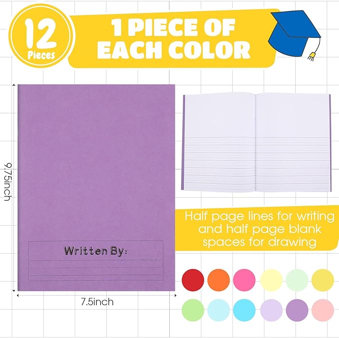 Henoyso 12 Pcs Primary Composition Notebook K-2 9 3/4 x 7 1/2 Inch Primary Journal, Back to School Supplies, Bulk Blank Writing Book for Kid to Write Draw Journal 60 Page Notebooks (Multicolored)
