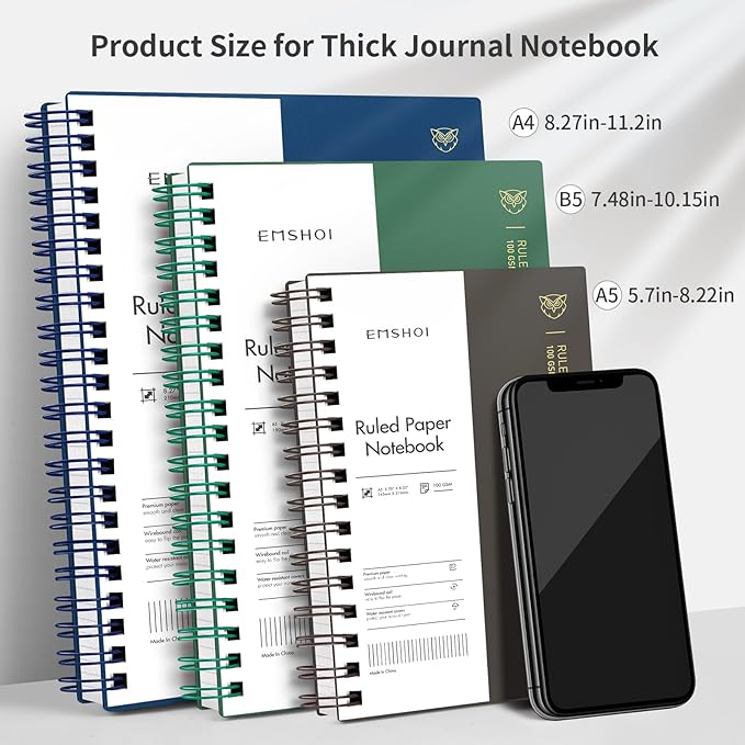 EMSHOI A5 Spiral Notebook College Ruled Lined Journal, Small 5.7" X 8.22", 300 Pages/150 Sheets, 100gsm Thick Paper, Waterproof Hardcover, for Office School Women Men Work Writing Notes, Blue