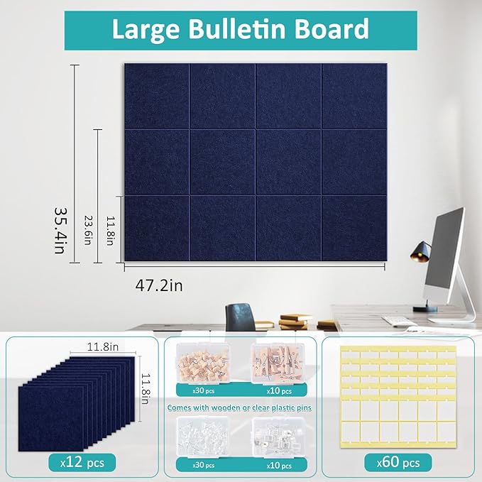 Large Cork Board 48" x 36" - Blue Bulletin Board for Walls - 12 Pack Felt Wall Tiles with Safe Removable Adhesive Tabs - Corkboard for Office Classroom Home Decor - Navy Blue
