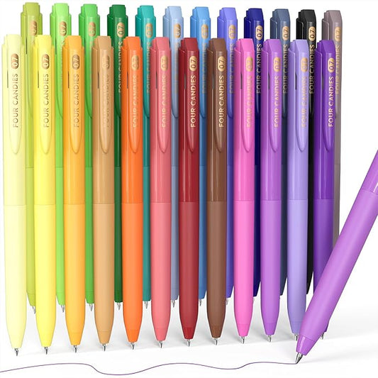 Four Candies Quick Dry Ink Colored Pens Set, 24 Colors Retractable Gel Pen, 0.7mm Fine Point Colorful Pens for Note Taking & Drawing, Colored Gel Pens with Comfort Grip for Office, School & Home