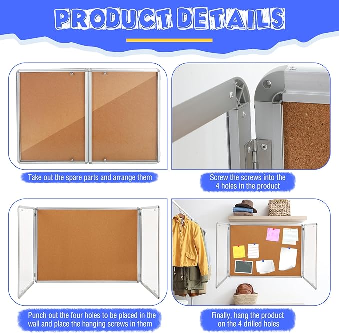 Enclosed Bulletin Board 48" x 36" Weather Resistant Lockable Notice Cork Display Board Wall Mounted 2 Locking Door for School Classroom Commercial Back to School, 12 x A4(Brown, Silver Frame)