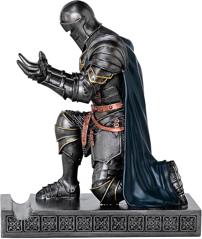 Medieval Armored Warrior Wearing Outerwear, Mobile Phone Stand Knight Pen Holder Desk Organizers, Resin Bookends Paperweight with a Letter Opener for Desk (Iron&Green)