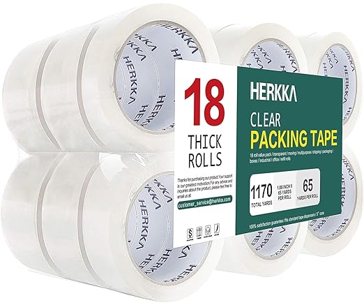 HERKKA Clear Packing Tape, 18 Rolls Heavy Duty Packaging Tape for Shipping Packaging Moving Sealing, Thicker Clear Packing Tape, 1.88 inches Wide, 65 Yards Per Roll, 1170 Total Yards