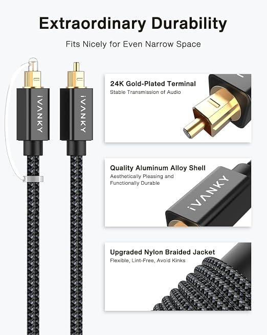 IVANKY Optical Audio Cable 10ft/3M, Nylon Braided, 24K Gold-Plated, Slim Metal - Image 2