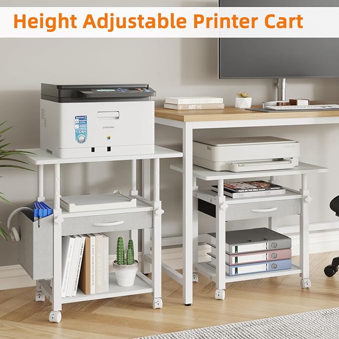 Large 22"x15" Printer Stand, 3-Tier Height Adjustable with Storage Drawer & Side Bag, Rolling Cart for Heat Press/Laser/3D Printer (White)