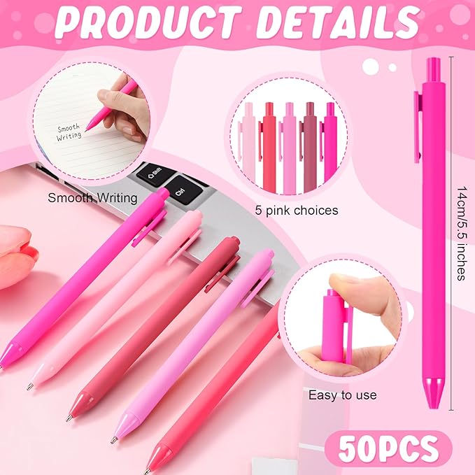 50 Pcs Ballpoint Pens Bulk Retractable Writing 1. 0 mm Black Ink Cute Pens Smooth Writing Color Fancy Gift for Teacher Student Employee Office School Home Baby Shower Supplies (Pink Series)
