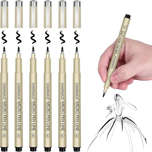 M Micro Pen, 6 Pack Black Fine Point Pen with Waterproof Archival Ink, 3mm Fineliner Ink Pens for Artist Illustration, Sketching, Anime, Manga, Technical Drawing and Scrapbooking