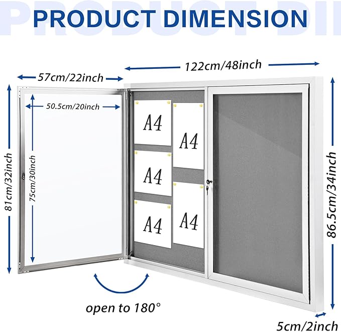 SWANCROWN Weather Resistant Enclosed Bulletin Board Gray Fabric Displays Boards Wall Mounted Notice Board with Aluminum Frame,48x34 inches