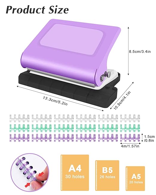 10 Hole Punch Binding Machine for Planners,Paper Puncher with Binder Rings,Punches Holes on B5,A4,A5 Paper,Metal Manual Binding System,Handheld Metal Circle Paper Puncher for Home Office Study,Purple