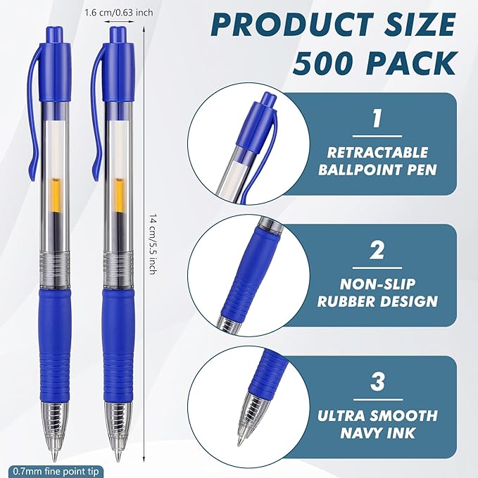 Jetec 500 Pcs Premium Gel Roller Pens Bulk, Fine Point 0.7 mm, Retractable Gel Ink Roller Ball Pens for Writing Journaling Taking Notes Office (Blue)