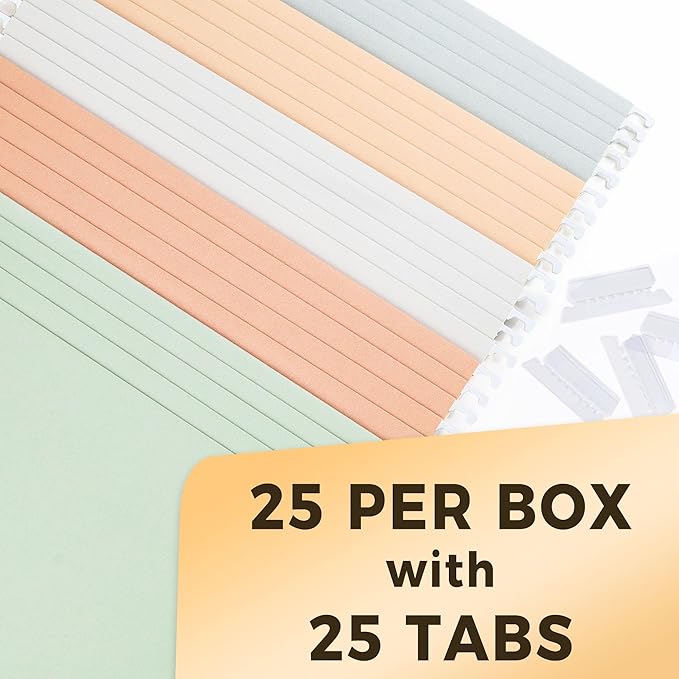 SUNEE 25 Count Hanging File Folders, Pastel Colors, Hanging File Folders Letter Size, Hanging Folders with 1/5-cut Tabs, Designed for Bulky Files, Filing Cabinets, Medical Charts