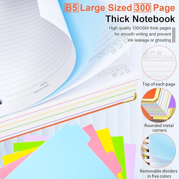 Hardcover Spiral Notebook 8"x10" Journal Notebook with Tabs and Removable Dividers 300 Pages 5 Subject Notebook College Ruled, Faux Leather Spiral Bound Notebook for Women, Students, School Work (Orange)