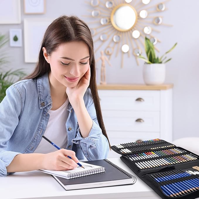 PANDAFLY 80 Pack Drawing Set Sketching Kit, Pro Art Supplies with 3-Color Sketchbook, Watercolor Pad, Colored, Graphite, Charcoal, Metallic Pencil, for Artist Adults Kids Beginner