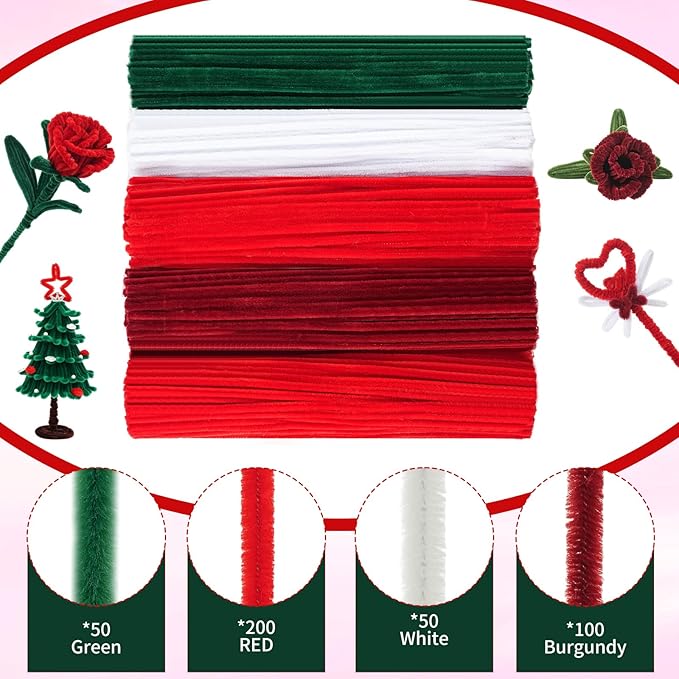 400 Pcs Red Pipe Cleaners for Crafts, 4 Colors Chenille Stems Bulk with Floral Wires, Gardening Tape,Hot Glue Stick，Greeting Card,Bouquet Paper, Pearl & Ribbon, Flowers Craft kit for Christmas