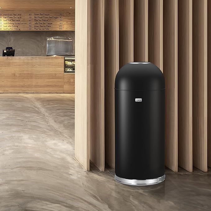 EKO Eternal 56L/15 Gallon Large Capacity Tall Commercial Trash Can, Round Open Top Waste Bin for Indoor and Outdoor, Black Steel Heavy-Duty, Durable Metal Garbage Bin for Home, Office, Restaurant