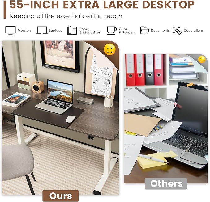 GOFLAME Height Adjustable Electric Standing Desk, 55 x 28 Inch Sit Stand Up Electric Desk with Headphone Hook, Ergonomic Standing Workstation, Electric Standing Desk with Metal Frame, Dark Grey