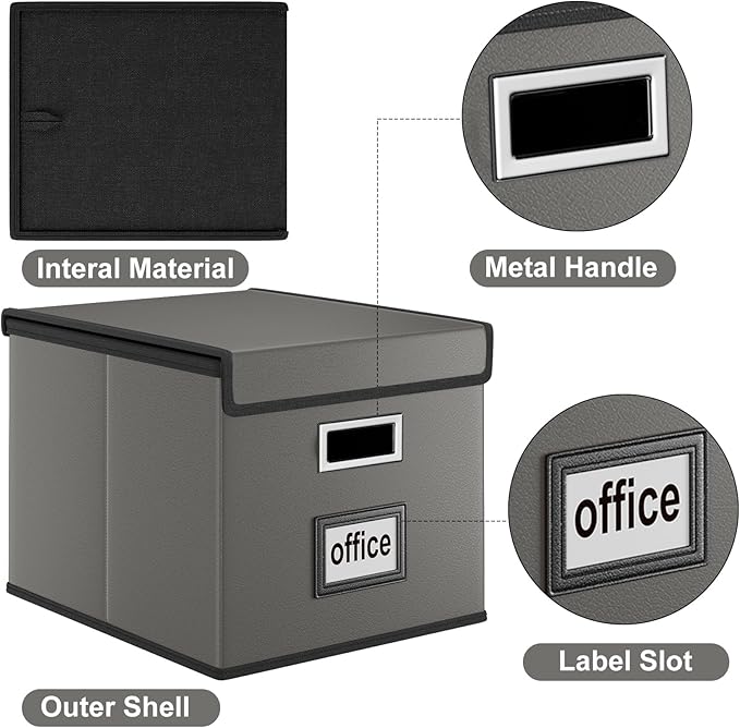 Huolewa File Organizer Boxes with Lids, Collapsible Faux Leather Hanging File Folder Box Organizer with Plastic Slide, Decorative Home/Office Filing System Boxes for File and Folders Storage