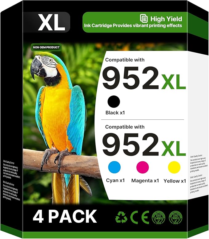 952XL Ink Cartridges Combo Pack (4-Pack) | Works with OfficeJet 8702 8710 Pro 7740, 8210, 8700 Series Replacement for HP 952XL Ink Cartridges Combo Pack HP952 952 XL Black Cyan Magenta Yellow| N9K28AN