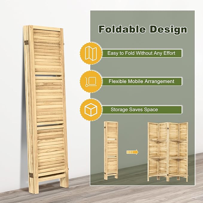 NicBex 4 Panel Room Divider 5.6FT Louvered Design Room Dividers with Display Storage Shelves Folding Privacy Screens Portable Freestanding Partition Wall Dividers for Home Bedroom Office, Natural Wood