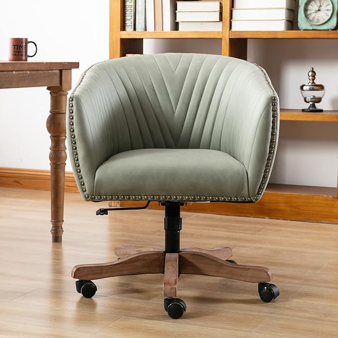 Green Faux Leather Home Office Desk Chair, Upholstered Barrel Swivel Adjustable Arm Desk Chair with Nailheads, Comfy Mid-Back Study Chair with Silent Wheel for Study Office Computer