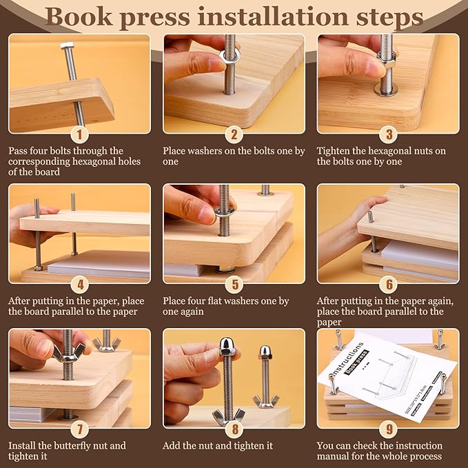 JUPEAN 34 Pcs Book Binding Kits, Book Press(11.81”x7.56”), Books Making Kit with Bone Folder Bookbinding Needles Waxed Threads Books Binding Awl, Bookbinding Tools for Beginners