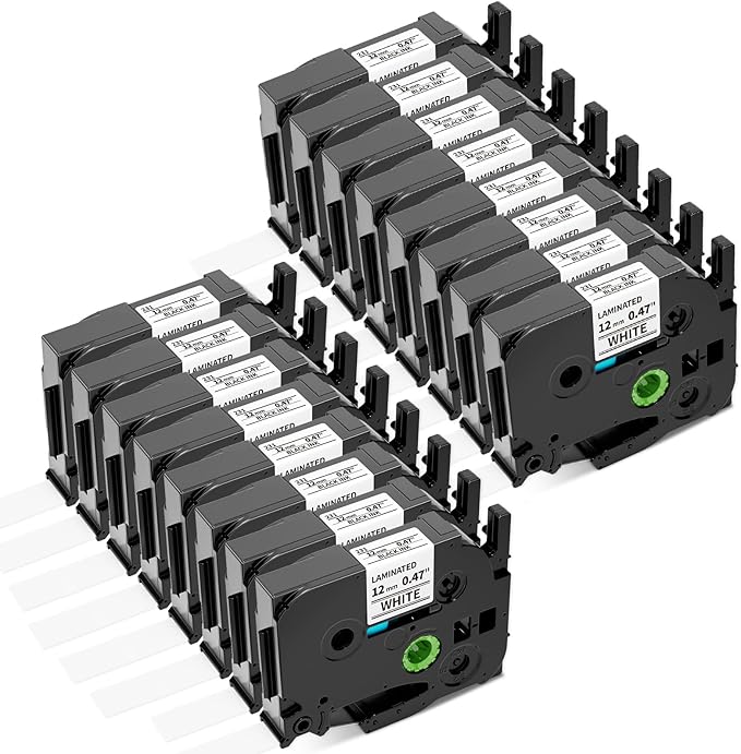 Airmall Tze 12mm 0.47 Laminated White Label Maker Tape Refill Compatible with Brother 12mm .47 Laminated White Tz Tape TZe-231 TZ-231 for PT-D200 D210 D220 H110 D410 P710BT 1750 1180 1880, 16-Pack