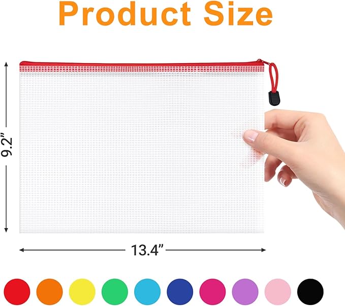 100Pack Mesh Zipper Pouch Bags, Waterproof A4 Letter Size Document Zipper Pouches for Storage, Teacher School, Toys, Puzzle, Office, 10 Colors