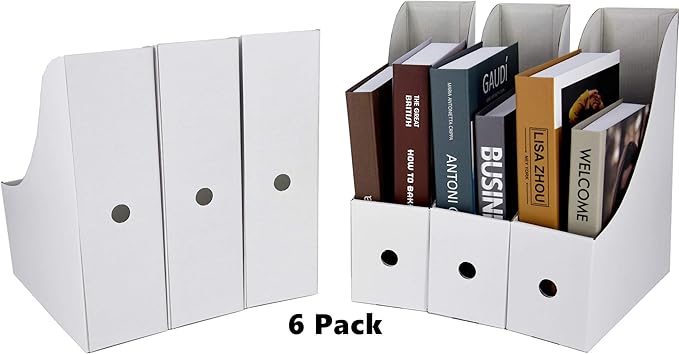 HUAPRINT White Magazine Holder(6 Pack) Cardboard Magazine File Holder-Folder Holder,Magazine Organizer,Document Organizer,Magazine Storage Box,With Labels