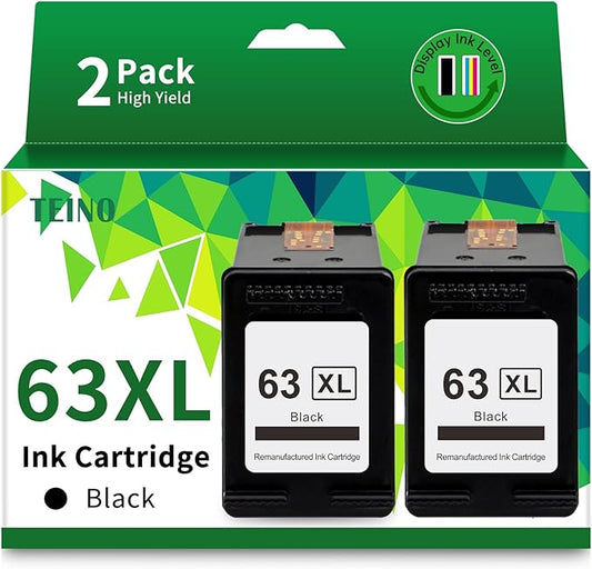 TEINO 63XL 63 Black Ink Cartridge for HP Printers Remanufactured Replacement for HP Ink 63 63XL Ink Cartridge Combo Pack Work with 4520 3830 4650 5200 5255 5258 4512 1112 2132 (2 Black)