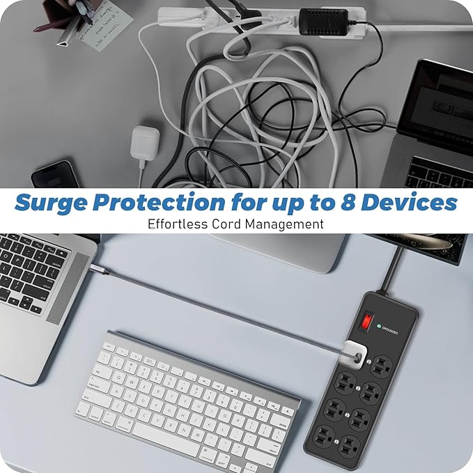 HEZI 8 Outlet Heavy Duty Power Strip, 15Amp Metal Mountable Surge Protector (2700J), Industrial Wall Mount Power Strip for Home, Office, Garage & Workshop, 15FT 14AWG Extension Cord