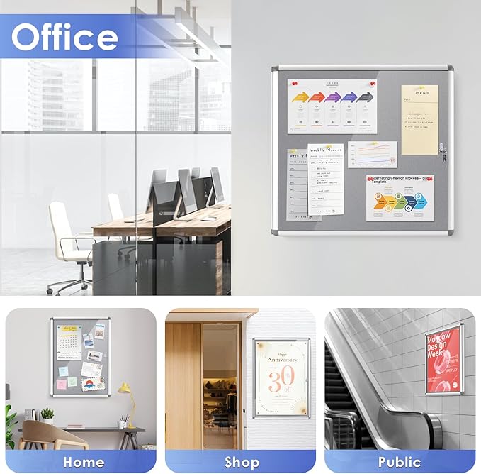SWANCROWN Enclosed Bulletin Board 36x24 in, Tamperproof Lockable Grey Felt Board Wall Display Case for Office School Home, Aluminum Frame