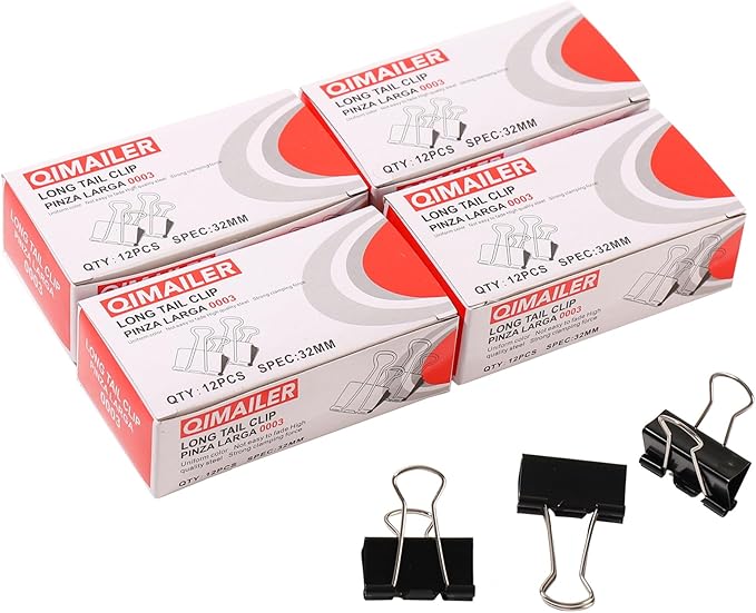 Binder Clips,Qimailer Medium Clips,48 Pcs,1.25 Inch,Black Metal Binder Clips and Paper Clips for Office, Home, School