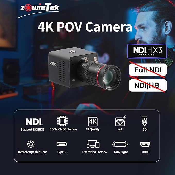 4K Native NDI|HX3 POV Box Camera PoE, Simultaneously HDMI & SDI Output, RTSP/RTMP(s)/SRT, Standalone Live Streaming to YouTube/Facebook/Twitch for Webcast, Meeting, Teaching & Gaming (CS)