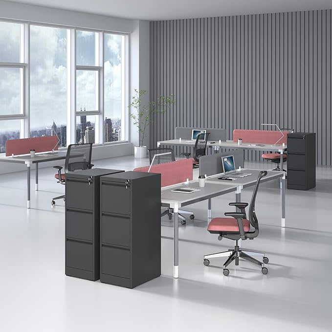 3 Drawer File Cabinet with Lock, Vertical Filing Cabinets for Home Office, Locking File Cabinet Hanging Files for A4/ Legal/Letter, Require Assembly, Black