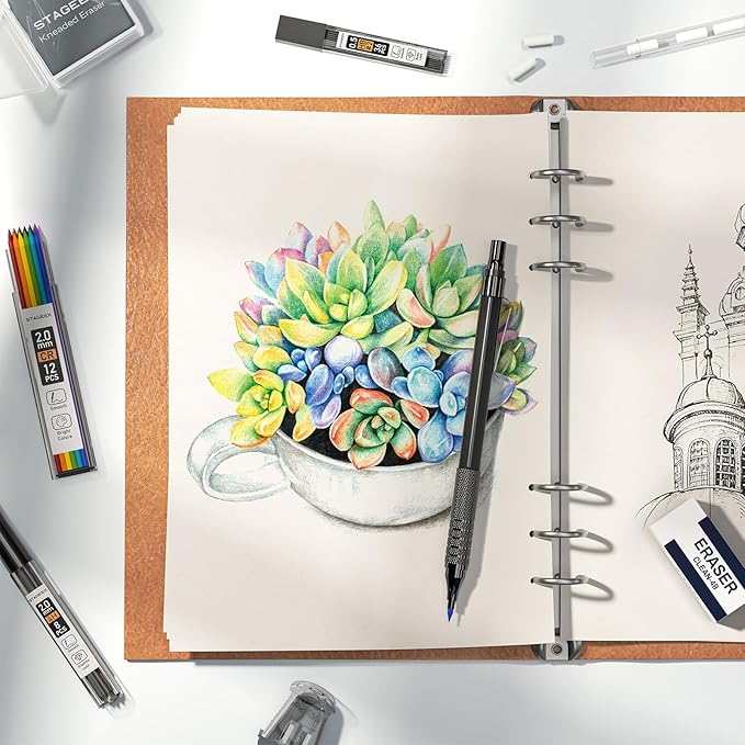 35PCS Black Art Mechanical Pencil Set in Case，0.5 0.7 0.9 2.0 Graphite Metal Drawing Drafting Pencils, Sharpener Erasers 384PCS Lead Refills (6B 4B 2B HB 2H 4H Colors) for Writing Sketching