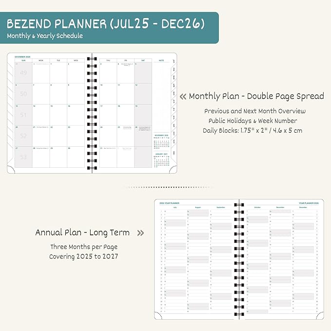 BEZEND Planner 2025-2026 Weekly and Monthly, 8.5" x 11" Academic Calendar (Jul 25-Dec 26) Vertical Daily Appointment with Hourly Timeslot & Monthly Tab, Spiral, PU Leather Softcover - Kiwi