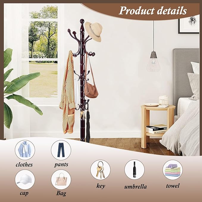 Wooden Coat Rack Freestanding, Vintage Coat Racks with Sturdy Round Base, Adjustable Height 37.40"-72.83" Entrance Coat Rack for Bedroom Living Room Entryway (Rosewood Ruyi Hook)