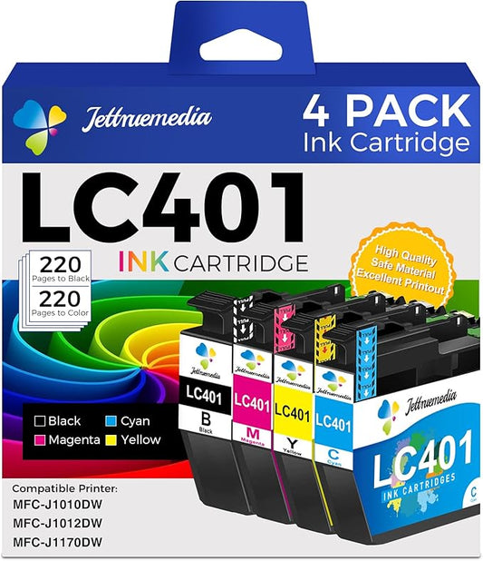 LC401 Ink Cartridges Compatible for Brother LC401XL LC 401 Ink Cartridges Work with Brother MFC-J1010DW MFC-J1012DW MFC-J1170DW Printer (4-Pack, Black, Cyan, Magenta, Yellow)