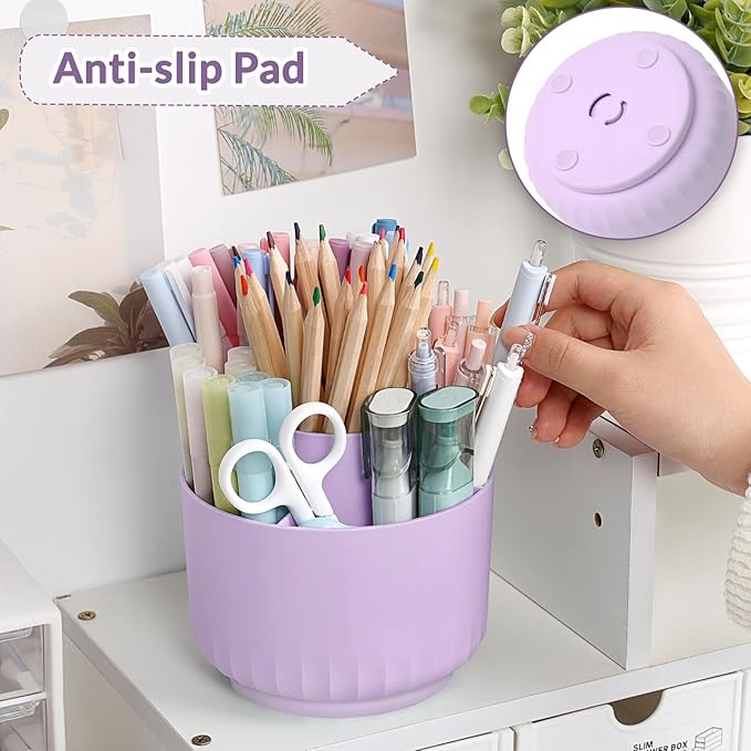 SKYDUE 360 Degree Rotating Desk Organizer, Dual-Purpose Pencil Pen Holder for Desktop, Rotating Desk Pen Organizer with 5 Slots Purple