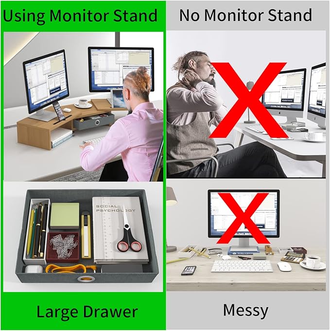 WESTREE Dual Monitor Stand Riser with Drawer - Adjustable Length and Angle, 2 Phone Hold, Desktop Organizer for Computer/Laptop/PC/Printer